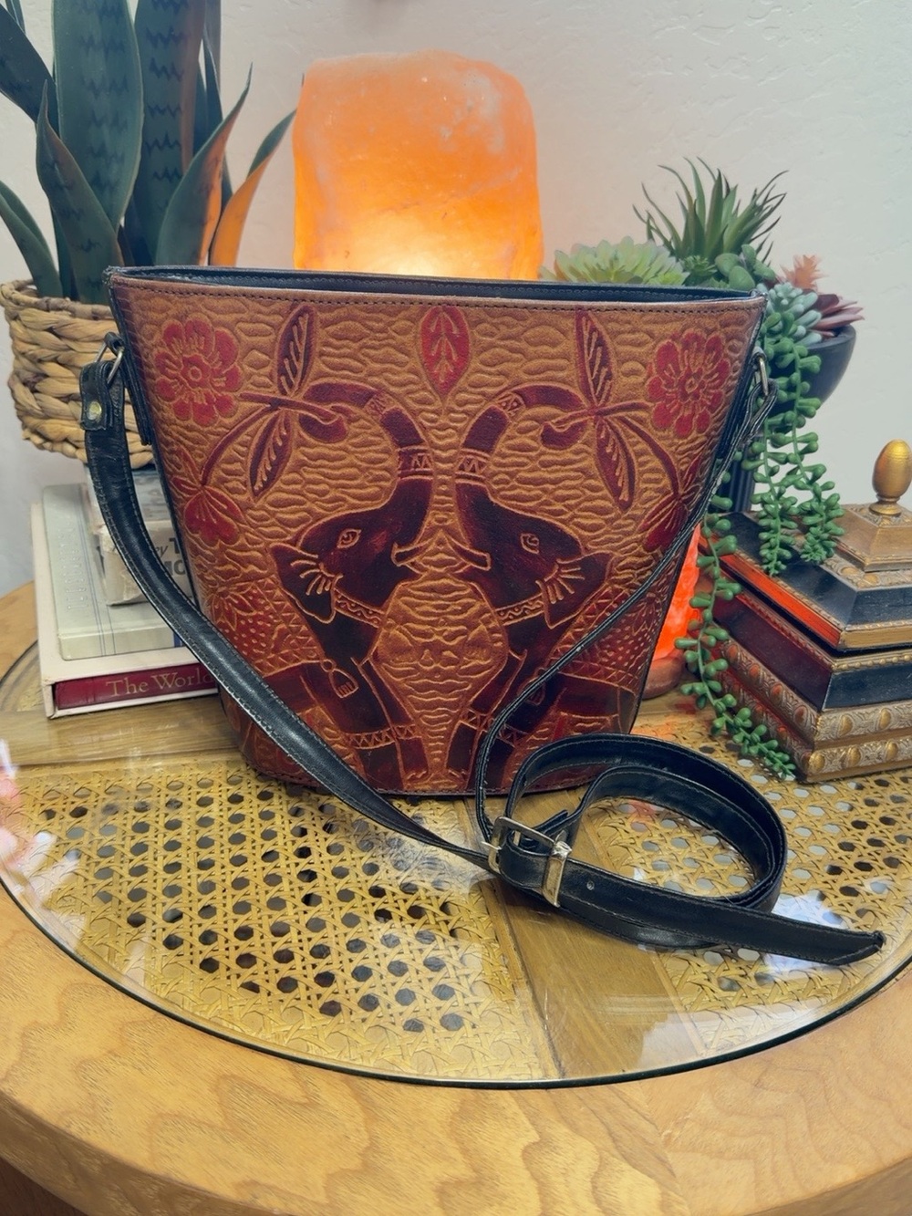 Embossed Elephant Genuine Leather Bucket Crossbody Bag Made in India